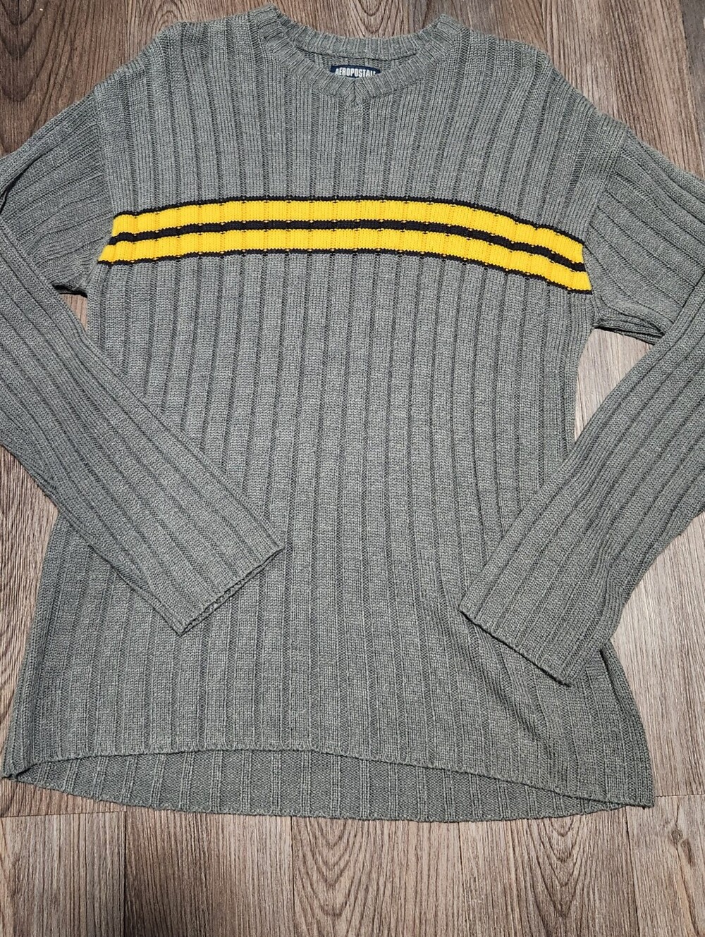 Aeropostale Gray Ribbed Crewneck Sweater with Yellow Chest Stripe